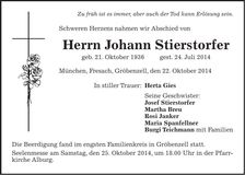 Traueranzeige Johann Stierstorfer