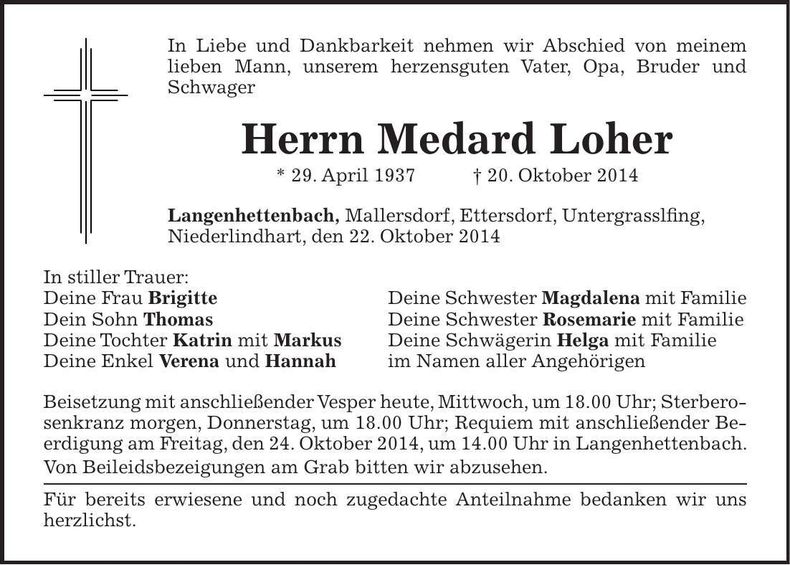 Traueranzeige Medard Loher
