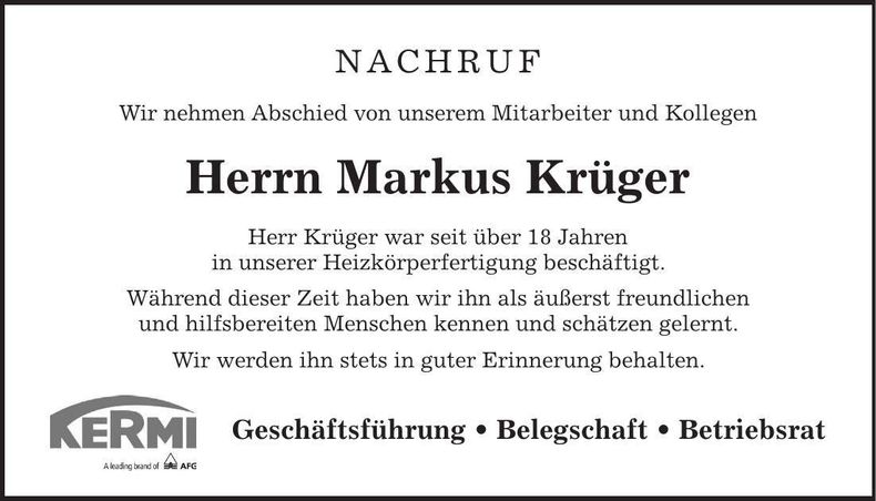 Traueranzeige Markus Krüger