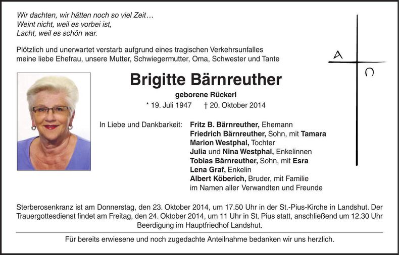 Traueranzeige Brigitte Bärnreuther