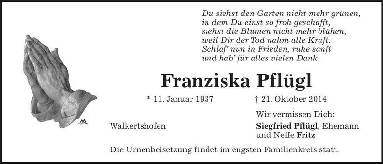 Traueranzeige Pflügl Franziska