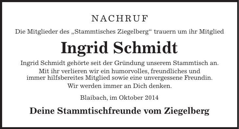 Traueranzeige Ingrid Schmidt