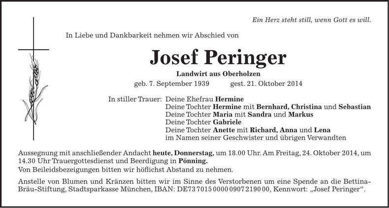 Traueranzeige Josef Peringer