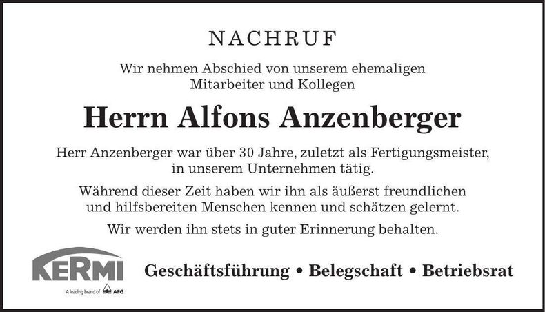 Traueranzeige Alfons Anzenberger