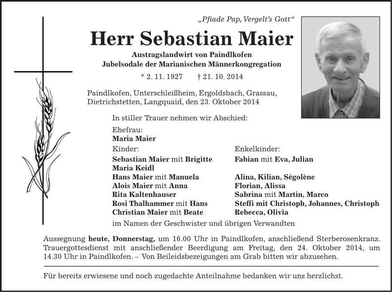 Traueranzeige Sebastian Maier