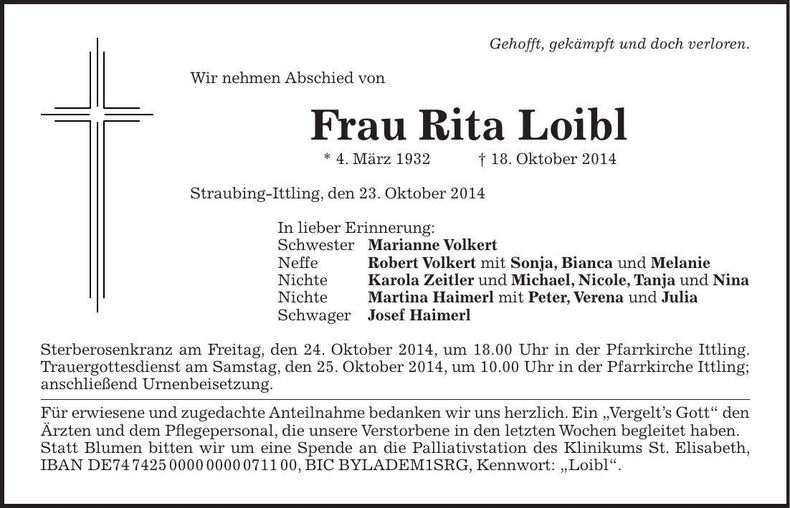 Traueranzeige Rita Loibl