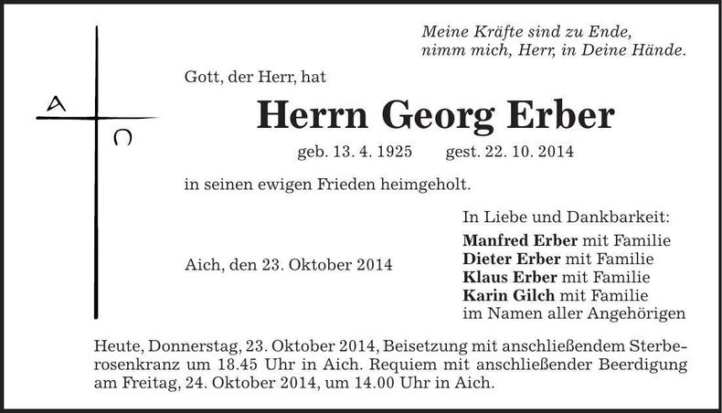 Traueranzeige Georg Erber