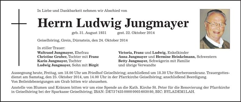 Traueranzeige Ludwig Jungmayer