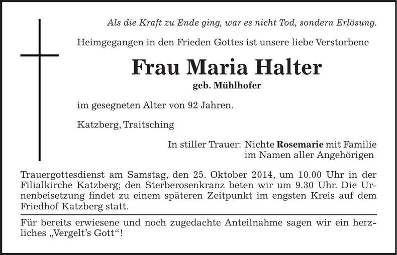Traueranzeige Maria Halter