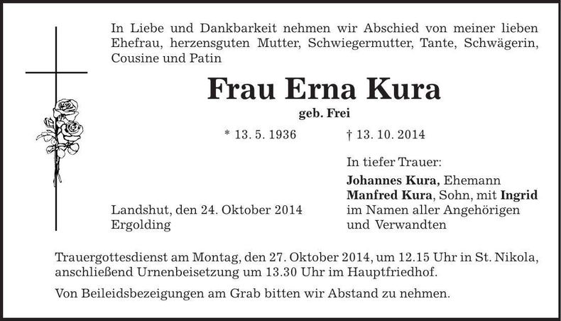 Traueranzeige Erna Kura