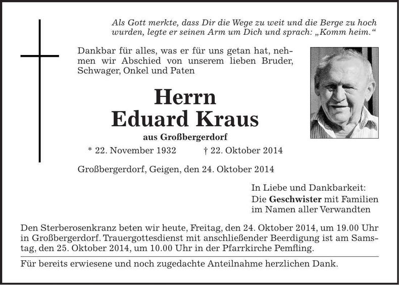 Traueranzeige Eduard Kraus