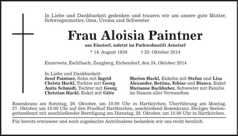 Traueranzeige Aloisia Paintner