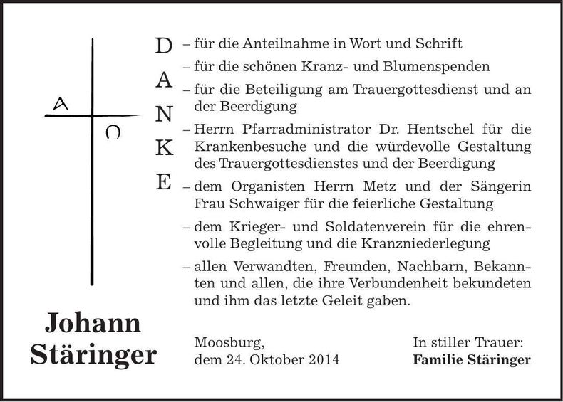 Traueranzeige Johann Stäringer
