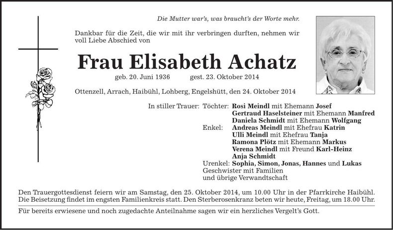 Traueranzeige Elisabeth Achatz