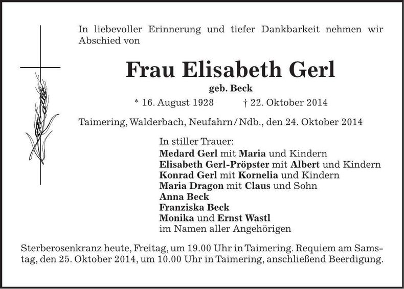 Traueranzeige Elisabeth Gerl