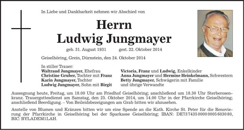 Traueranzeige Ludwig Jungmayer