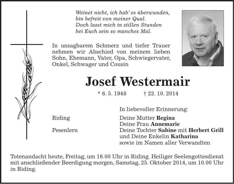 Traueranzeige Josef Westermair