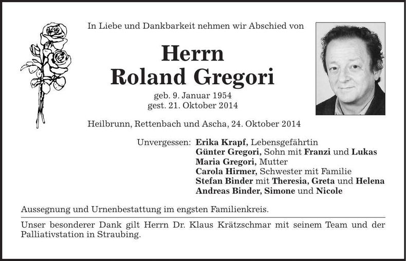 Traueranzeige Roland Gregori