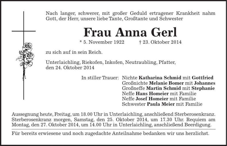 Traueranzeige Anna Gerl