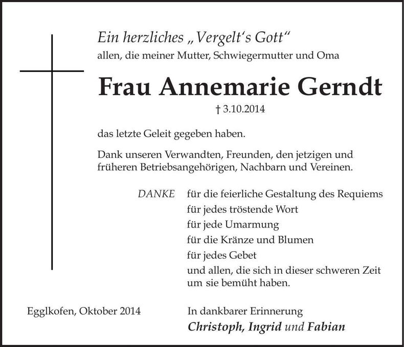 Traueranzeige Annemarie Gerndt