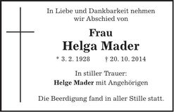 Traueranzeige Helga Mader