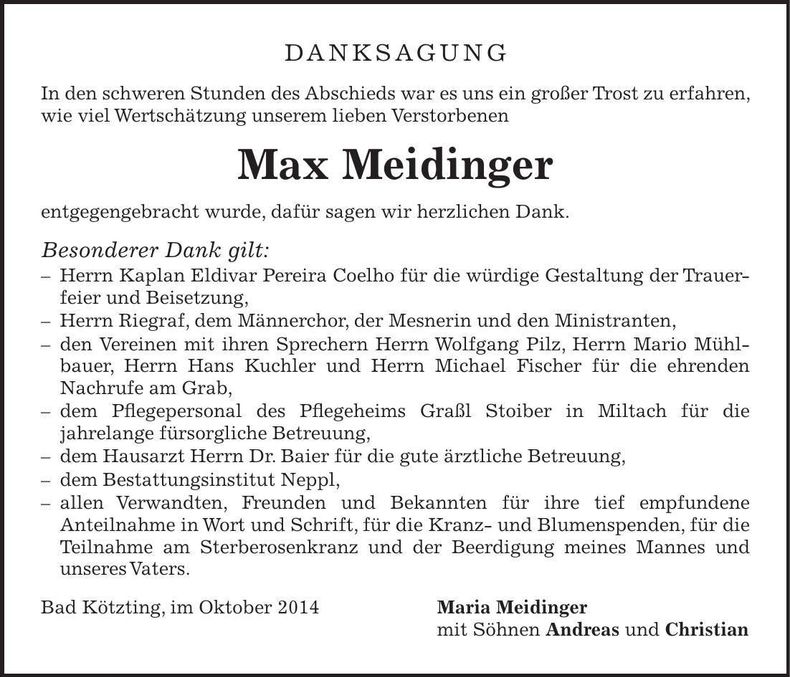 Traueranzeige Max Meidinger