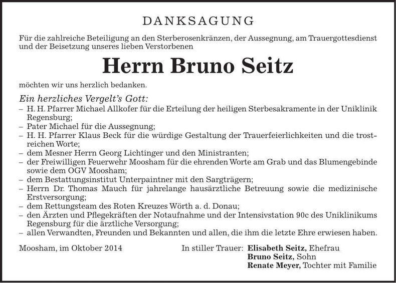 Traueranzeige Bruno Seitz