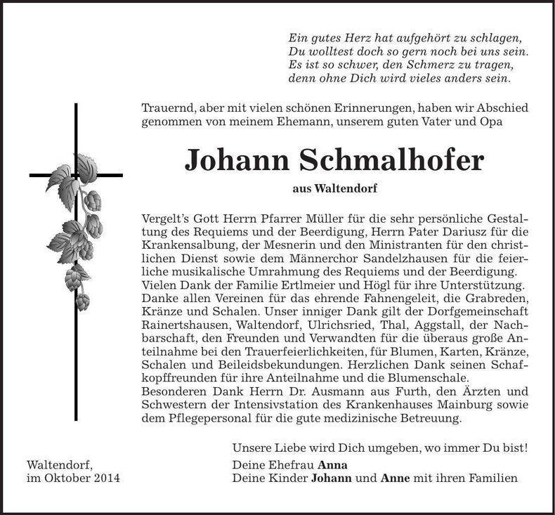 Traueranzeige Johann Schmalhofer