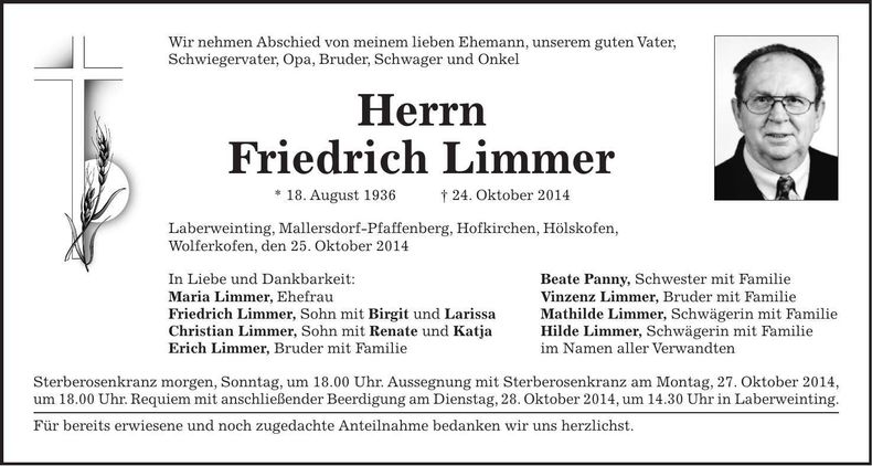 Traueranzeige Friedrich Limmer