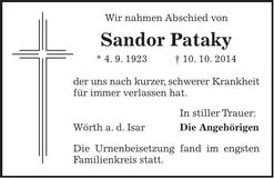 Traueranzeige Sandor Pataky