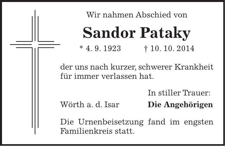 Traueranzeige Sandor Pataky