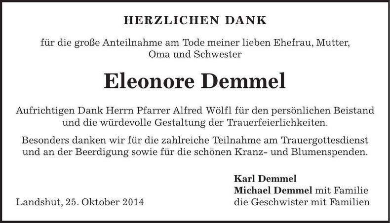 Traueranzeige Eleonore Demmel