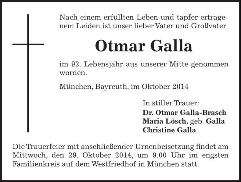 Traueranzeige Otmar Galla