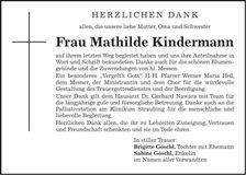 Traueranzeige Mathilde Kindermann