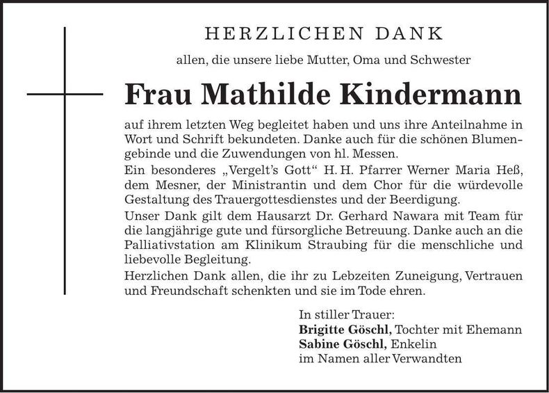 Traueranzeige Mathilde Kindermann