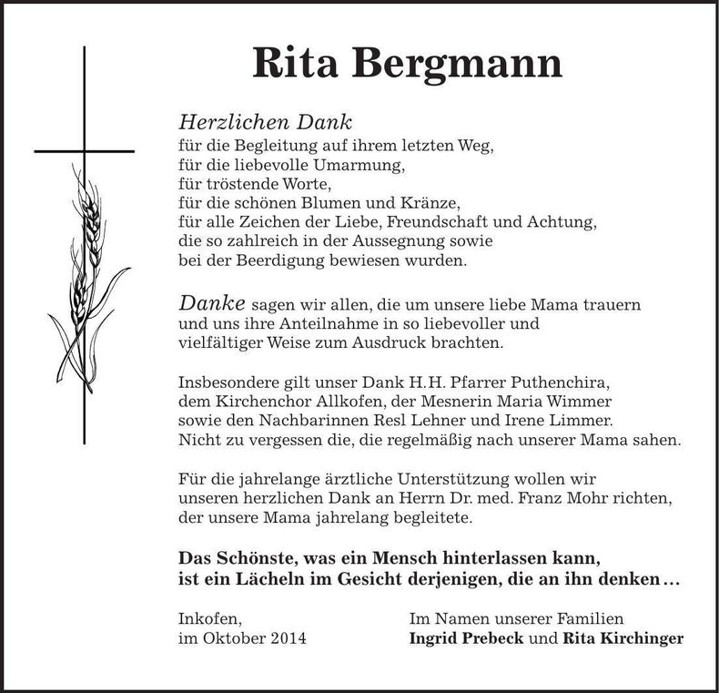 Traueranzeige Rita Bergmann