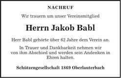 Traueranzeige Jakob Babl