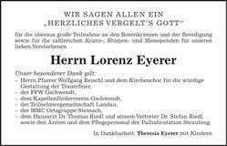 Traueranzeige Lorenz Eyerer