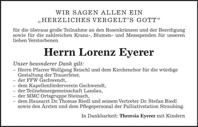 Traueranzeige Lorenz Eyerer
