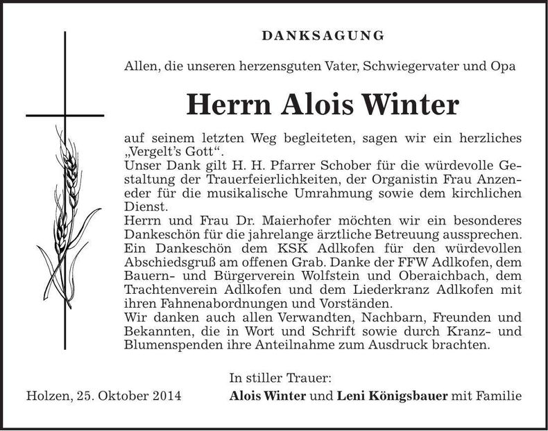 Traueranzeige Alois Winter
