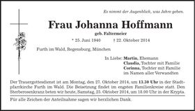 Traueranzeige Johanna Hoffmann