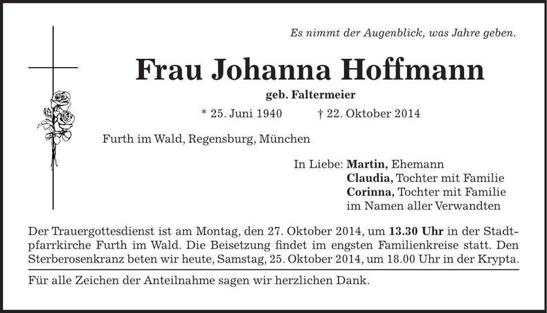 Traueranzeige Johanna Hoffmann