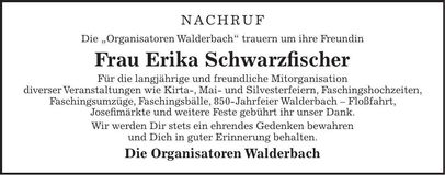 Traueranzeige Erika Schwarzfischer