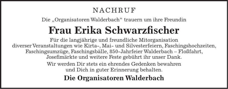 Traueranzeige Erika Schwarzfischer