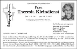 Traueranzeige Theresia Kleindienst