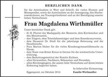 Traueranzeige Magdalena Wirthmüller