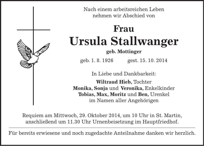 Traueranzeige Ursula Stallwanger