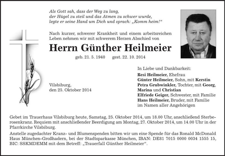 Traueranzeige Günther Heilmeier