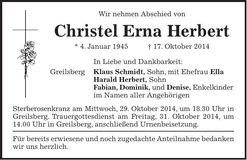 Traueranzeige Christel Erna Herbert