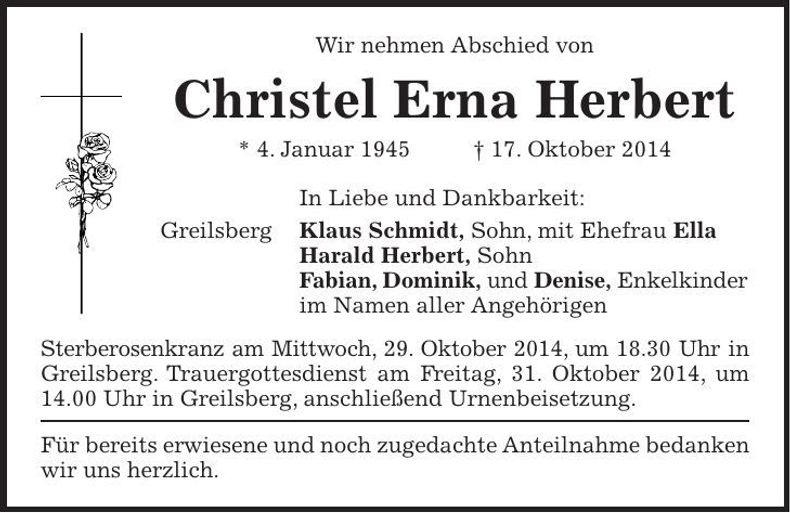 Traueranzeige Christel Erna Herbert